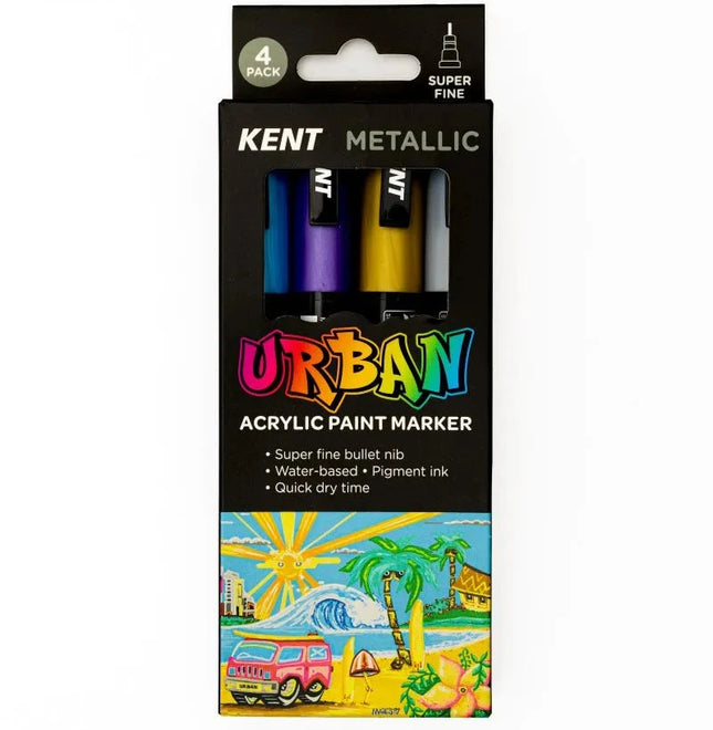 Kent Urban Acrylic Paint Marker - Super Fine Tip 4 Pack - Metallic