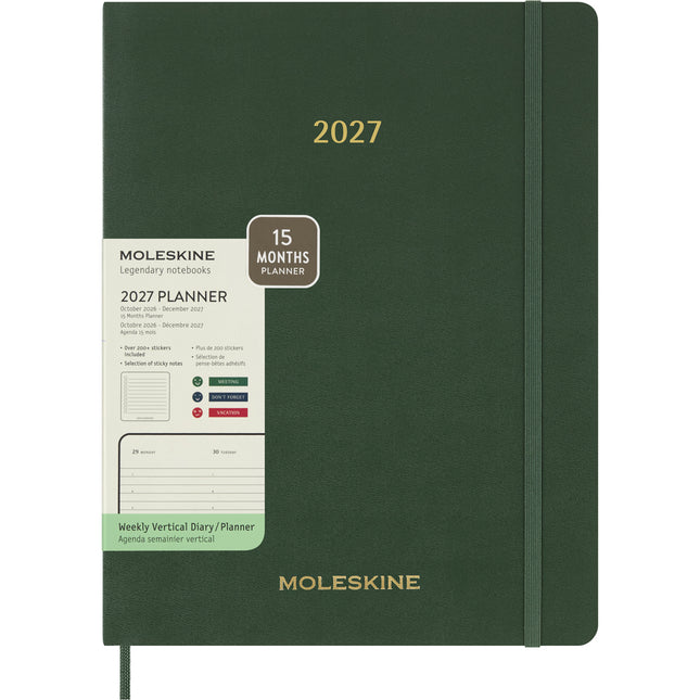 Moleskine Essential Planner 15 Month - Soft Cover - Weekly Vertical - XXL Myrtle Green 2027