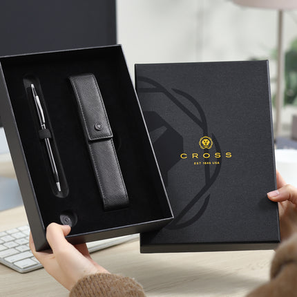 Cross Gift Set - Classic Century Ball Point Pen - Black with Black Saffiano Leather Pen Case