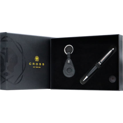 Cross Gift Set - Calais Ball Point Pen - Black with Black Saffiano Leather Smart Tracker Key Chain