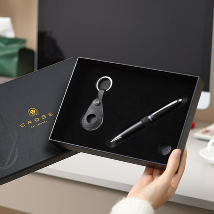 Cross Gift Set - Calais Ball Point Pen - Black with Black Saffiano Leather Smart Tracker Key Chain