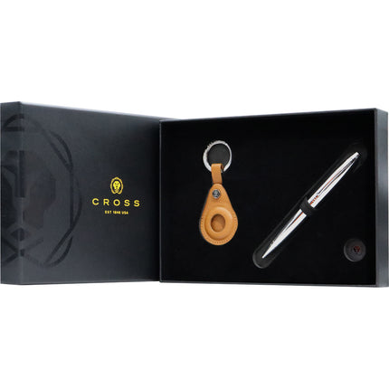 Cross Gift Set - Calais Ball Point Pen - Chrome with Mocha Saffiano Leather Smart Tracker Key Chain