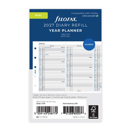 Filofax Refill - Classic - Year Planner - Vertical - Mini - 2027