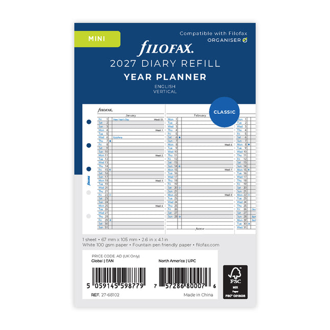 Filofax Refill - Classic - Year Planner - Vertical - Mini - 2027