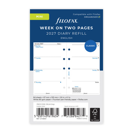 Filofax Refill - Classic - Week To View - Mini - 2027