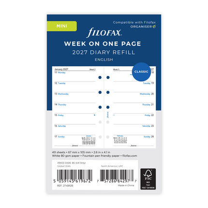 Filofax Refill - Mini - Classic - Week Per Page - 2027