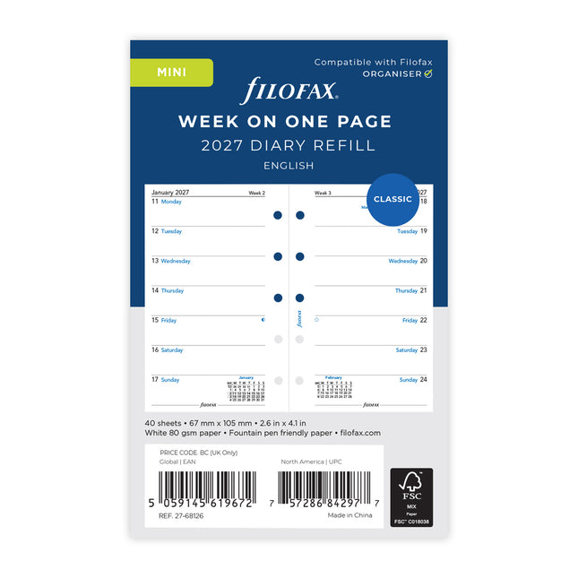 Filofax Refill - Classic - Week Per Page - Mini - 2027
