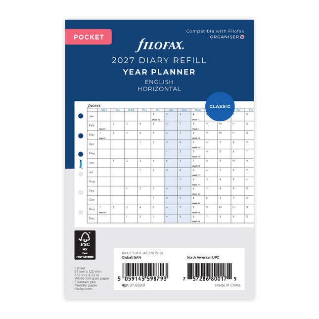 Filofax Refill - Pocket - Year Planner Horizontal - 2027