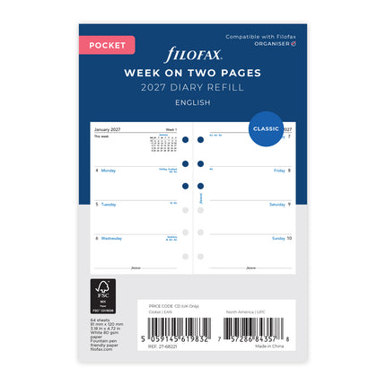 Filofax Refill - Classic - Week To View - Pocket - 2027