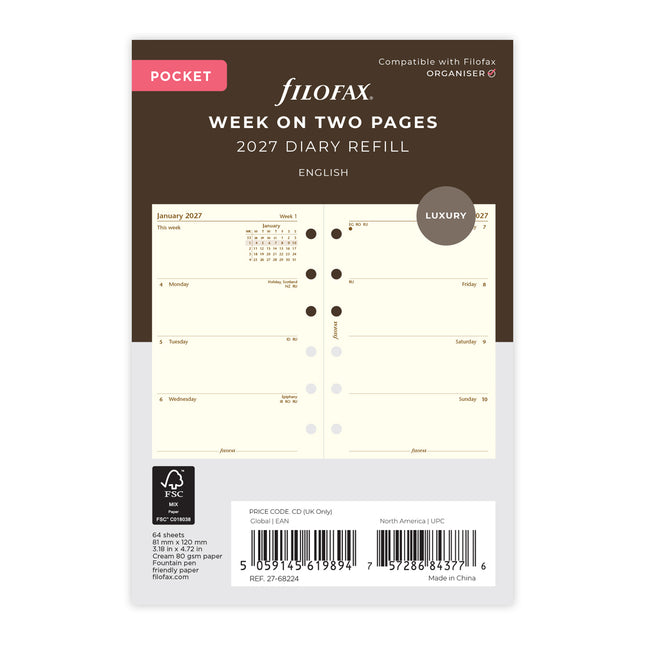 Filofax Refill - Classic - Week To View - Pocket - Cotton Cream - 2027