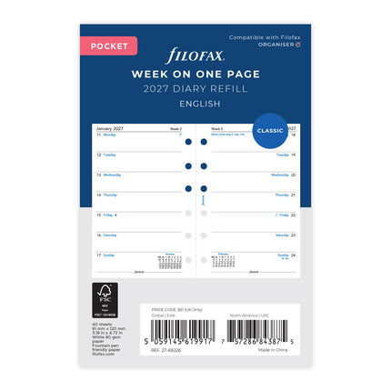 Filofax Refill - Classic - Week Per Page - Pocket - 2027