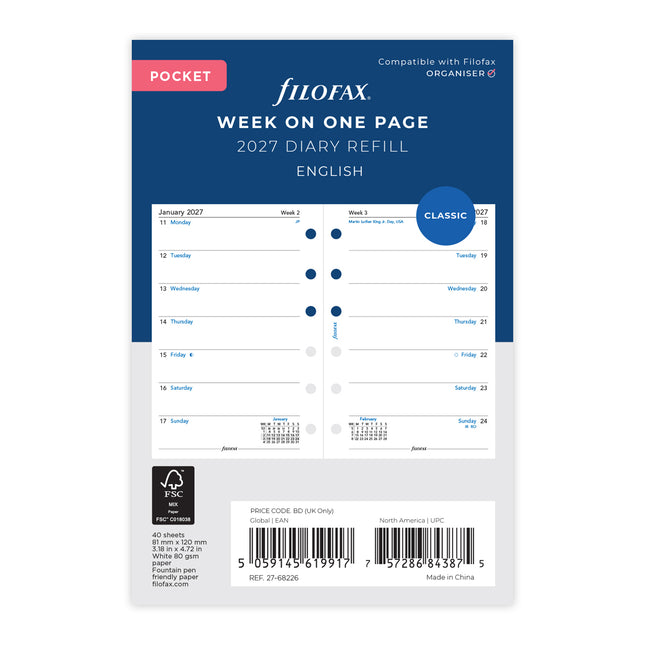 Filofax Refill - Classic - Week Per Page - Pocket - 2027