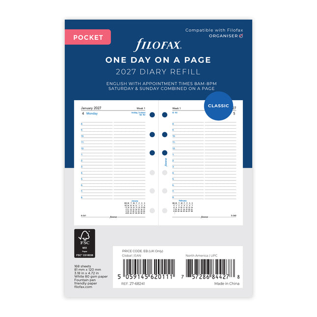 Filofax Refill - Classic - Day Per Page With Appointments - Pocket - 2027