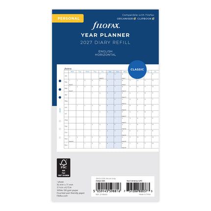 Filofax Refill - Year Planner Horizontal - Personal - 2027