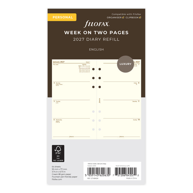 Filofax Refill - Classic - Week To View - Personal - Cotton Cream - 2027