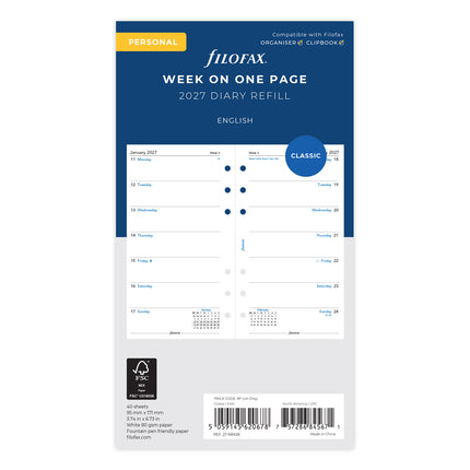 Filofax Refill - Classic - Week Per Page - Personal - 2027