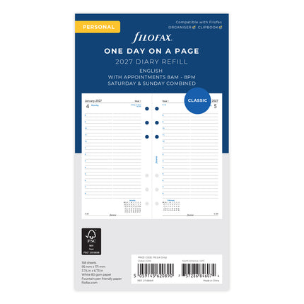 Filofax Refill - Classic - Day Per Page With Appointments - Personal - 2027