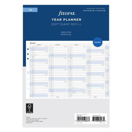 Filofax Refill - Year Planner Vertical - A5 - 2027