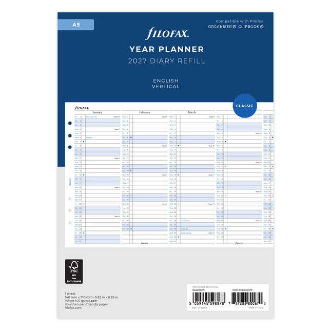 Filofax Refill - Year Planner Vertical - A5 - 2027