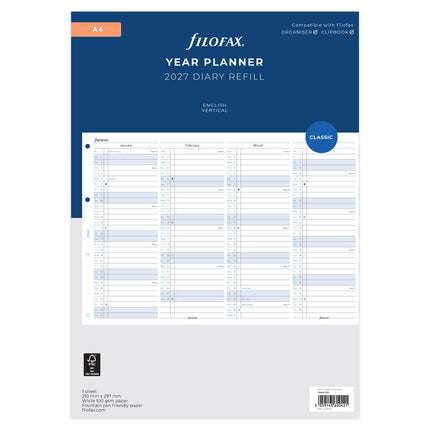 Filofax Refill - Year Planner Vertical - A4 - 2027