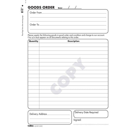 Collins Goods Order - A5 - 50 Triplicate Forms - No Carbon Required