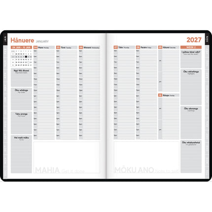 Tuhi Diary B5 - Week to View - Premium Mahere a Wiki Black & Gold - 2027