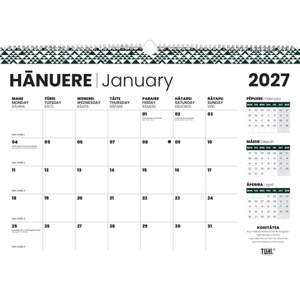 Tuhi Calendar - Month to View - Maori A2 - 2027