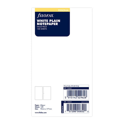 Filofax Organiser - Refill Personal - Notepaper Value Pack Plain - White