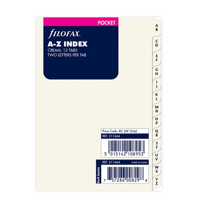 Filofax Organiser - Refill - Pocket - Index A-Z - 2 Letters Per Tab - Cotton Cream