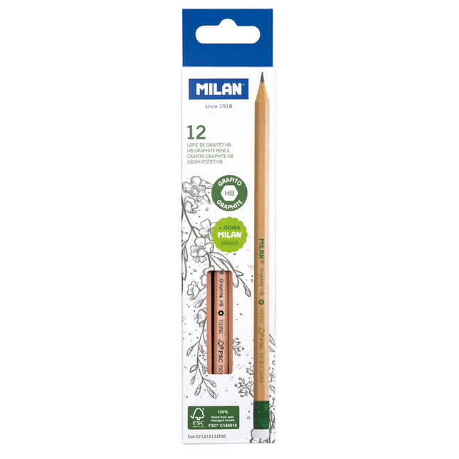 Milan HB Hexagonal Pencil with Eraser - Pack of 12