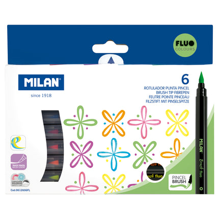 Milan Markers Brush Tip - Fluoro - Pack of 6