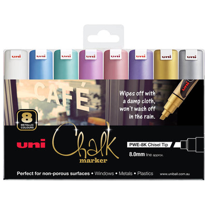 Uni Chalk Marker 8.0mm Bold Chisel Tip 8 Pack Metallic