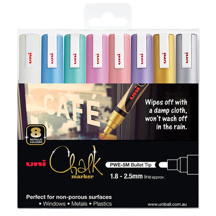 Uni Chalk Marker 1.8-2.5mm Bullet Tip 8 Pack Metallic