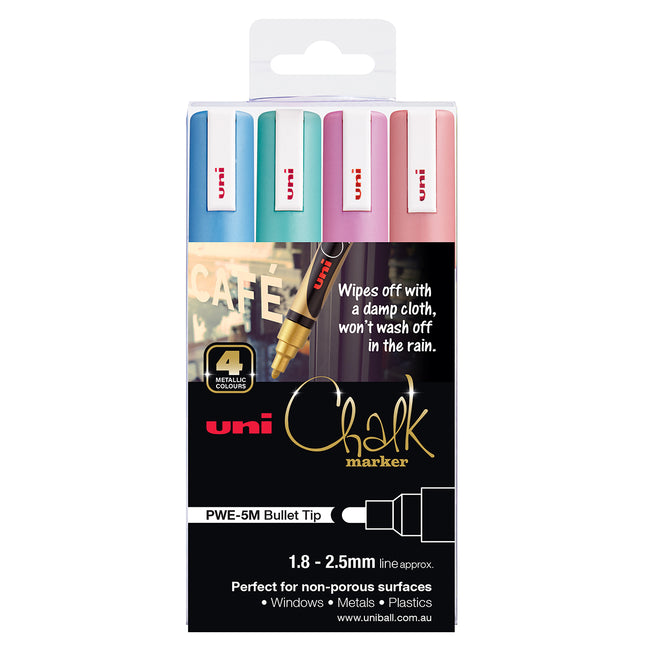 Uni Chalk Marker 1.8-2.5mm Bullet Tip 4 Pack Metallic