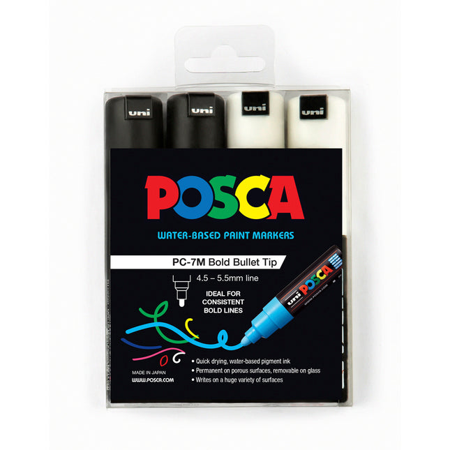 Uni Posca Marker PC-7M Black & White - Pack of 4