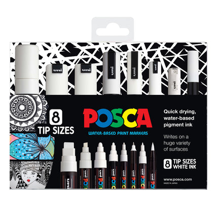 Uni Posca Marker Mixed Tips - White - Set of 8