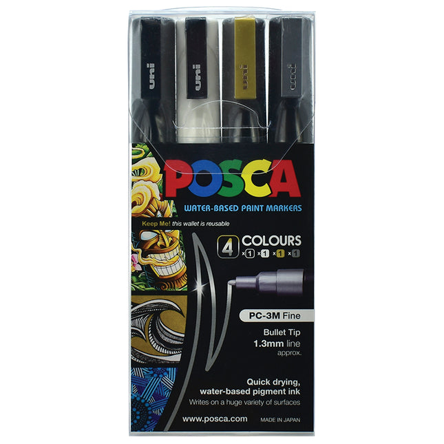 Uni Posca Marker PC-3M Black White Gold Silver - Pack of 4