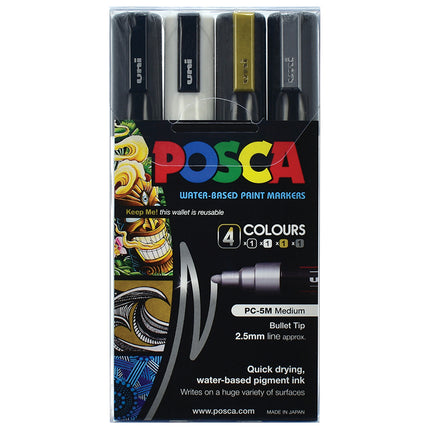 Uni Posca Marker PC-5M Black White Gold Silver - Pack of 4