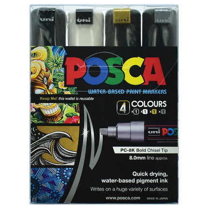 Uni Posca Marker PC-8K Black White Gold Silver - Pack of 4