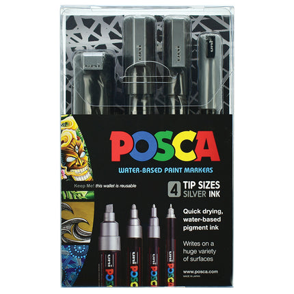 Uni Posca Marker Mixed Tips - Silver - Set of 4