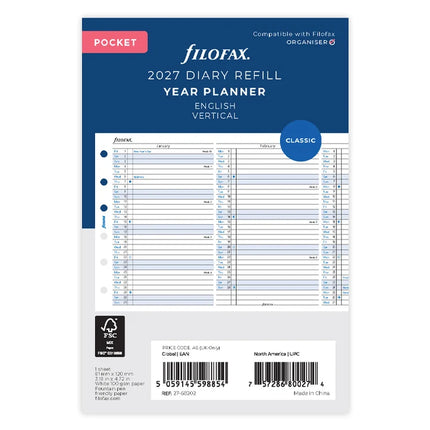 Filofax Refill - Year Planner Vertical - Pocket - 2027