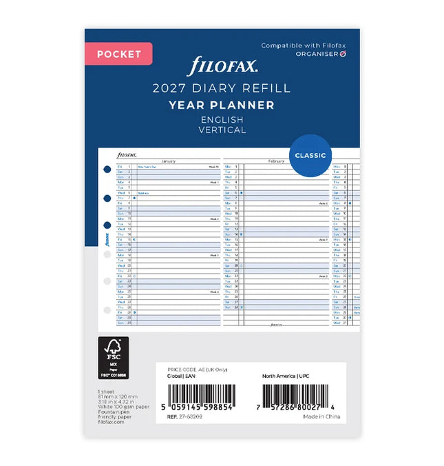 Filofax Refill - Year Planner Vertical - Pocket - 2027