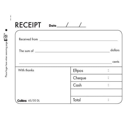 Collins Cash Receipt - 45DL - 50 Duplicate Forms - No Carbon Required