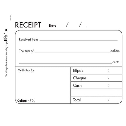 Collins Cash Receipt - 45DL - 100 Duplicate Forms - No Carbon Required
