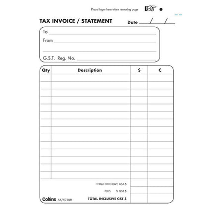 Collins Tax Invoice - A6 Pad - 50 Duplicate Forms - No Carbon Required