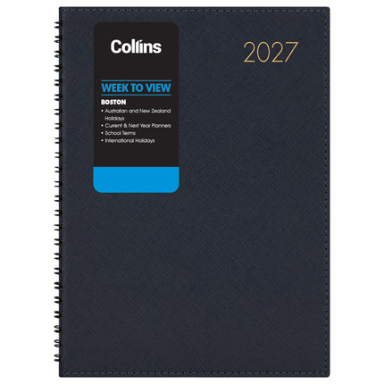 Collins Diary Boston A5 - Week To View Wiro Diary - Navy 2027