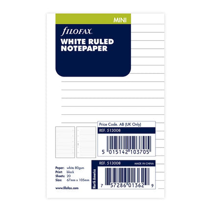 Filofax Organiser - Refill Mini - Notepaper Ruled - White