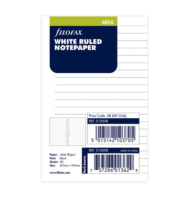 Filofax Refill - Mini - Notepaper Ruled - White