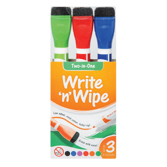 Write n Wipe 2 in 1 Whiteboard Dual Markers 6 Colours - Pack of 3