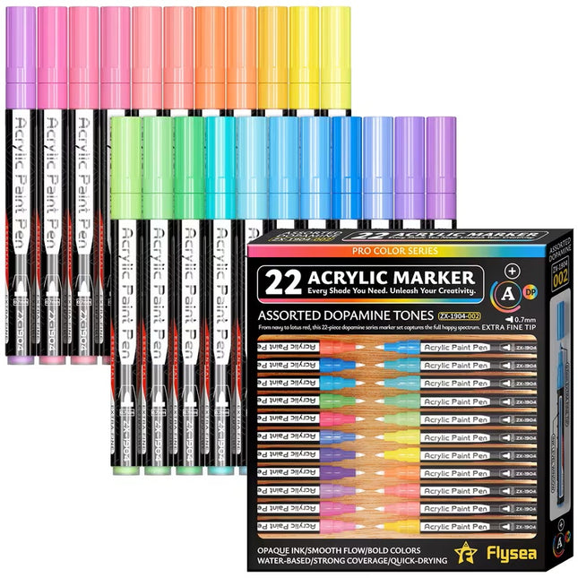 Flysea Acrylic Paint Markers Fine Tip - Brights - Pack of 22